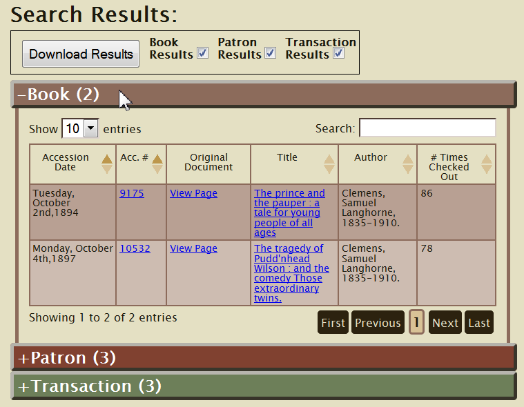 The book results tab contains search results relevant to books.  Only a brief view of available book information is displayed.  To view the full record, click on a link under the 'Accession #' or 'Title' column.