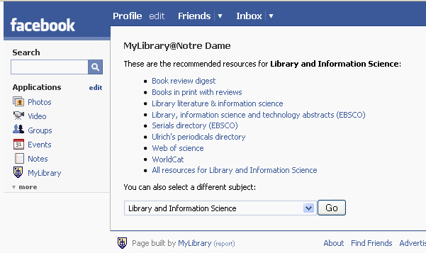 screen shot of my library facebook application