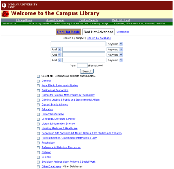 Screenshot of I U East's new metasearch menu.