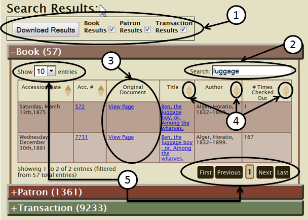 This image highlights some of the features available including: 1.  Downloading Results, 2. Filtering, 3. Original Document Links, 3. Sorting, and 4. Pagination