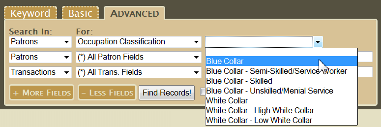 Use the 'Occupation Classification' field in Advanced search to look for patrons based on the grouping of their occupation.  Also available in Basic search.