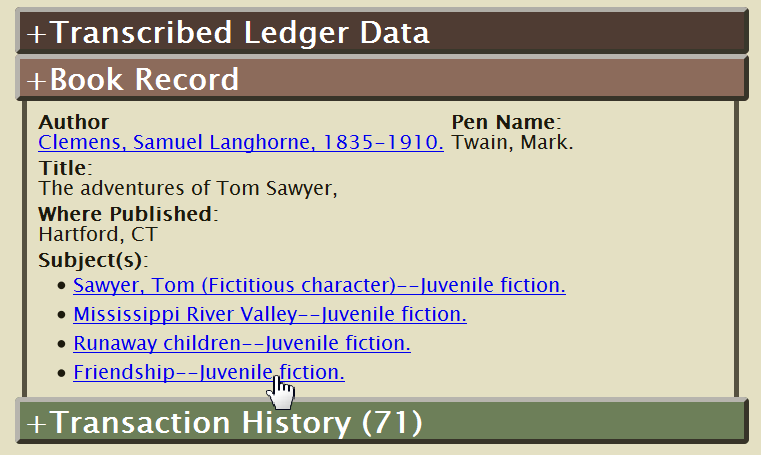 The 'Subjects' section contains live links to search for other records referencing works with the given subject.