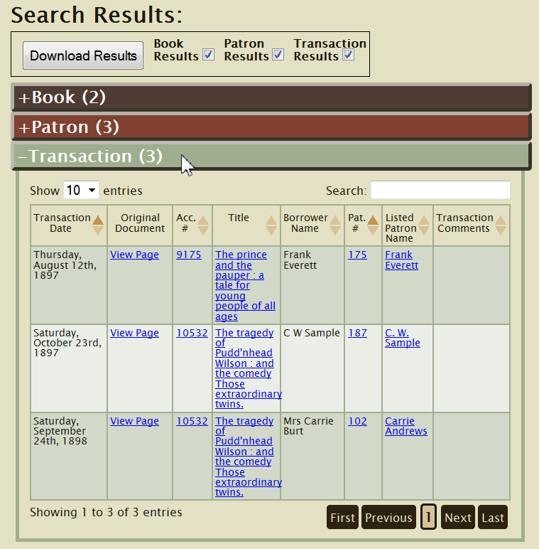 The transaction results tab contains search results relevant to circulation transactions.  All available transaction information is displayed, along with brief information about the involved book/patron.  To view the full record for the corresponding book, click on a link under the 'Acc. #' or 'Title' column.  Likewise for the patron record, click a link under the 'Pat. #' or 'Listed Patron Name' column.